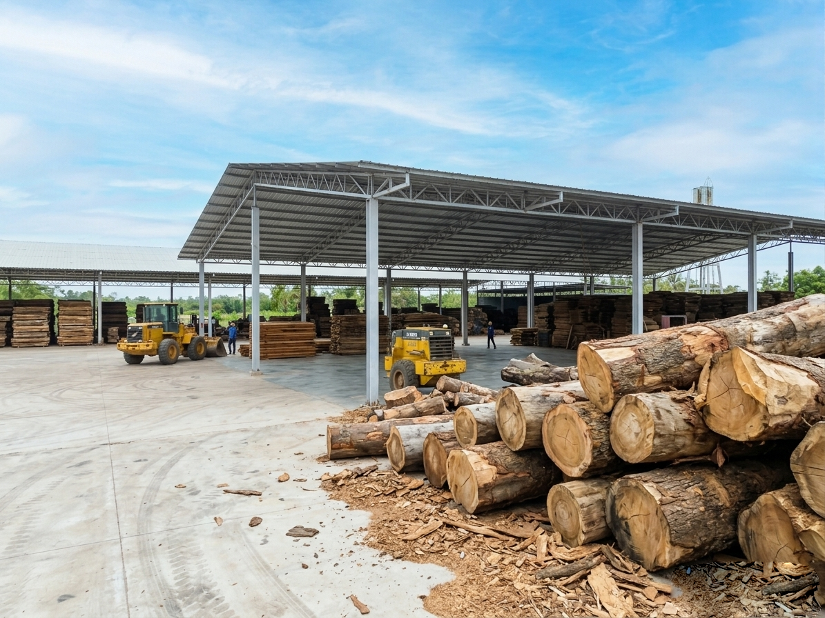 สายการผลิตไม้ยางพาราและเครื่องจักร — Rubber wood processing line with machinery