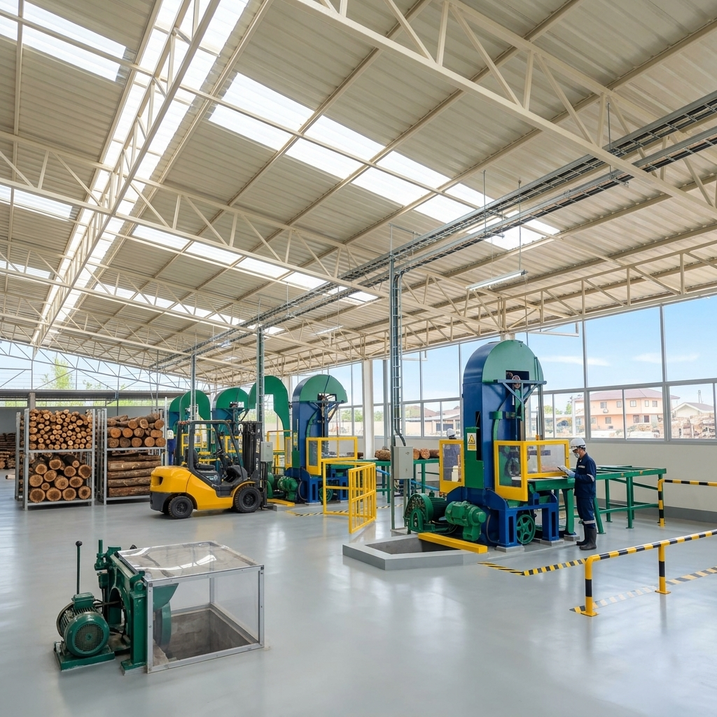 คลังเก็บไม้ขนาดใหญ่ — Open timber warehouse with stacked lumber