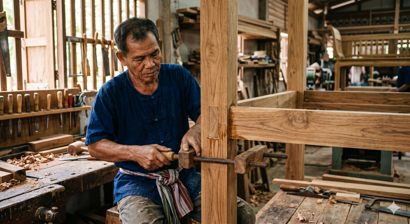 Craftsman cutting a mortise and tenon joint by hand