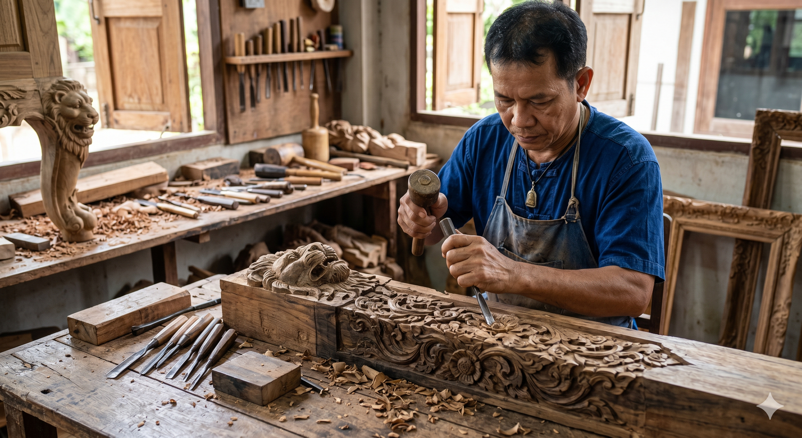 Artisan hand-carving decorative detail into hardwood
